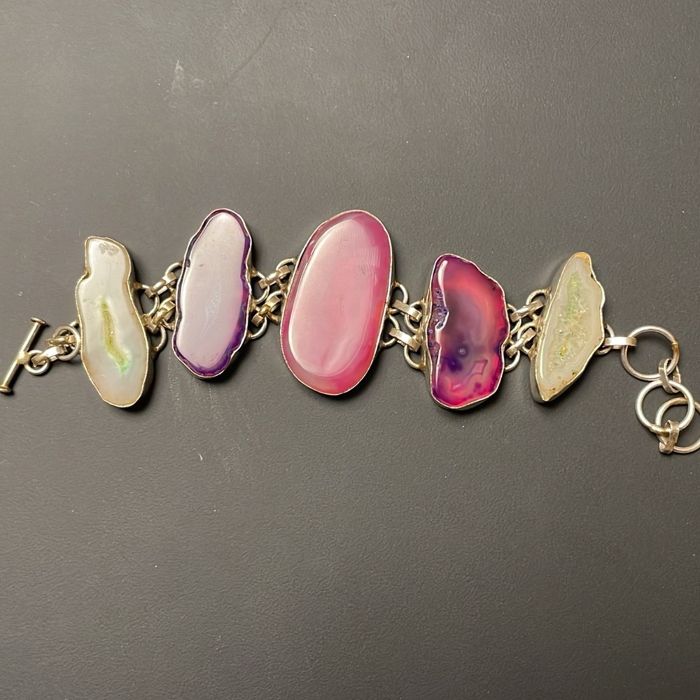 ✨ Sterling Silver .925 Agate Slice Bracelet – Purple & Pink Statement Jewelry ✨